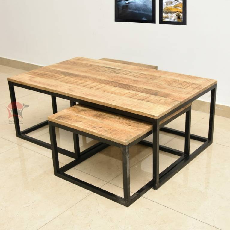 Coffee table set of 3 industrial design with mango wood natural 